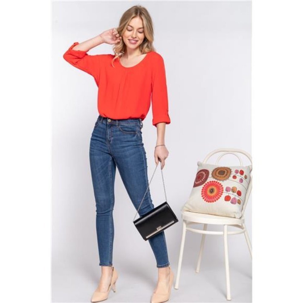 3/4 Roll-Up Sleeves/ Round Neck/ Pleated Detail Woven Blouse Tops For Women